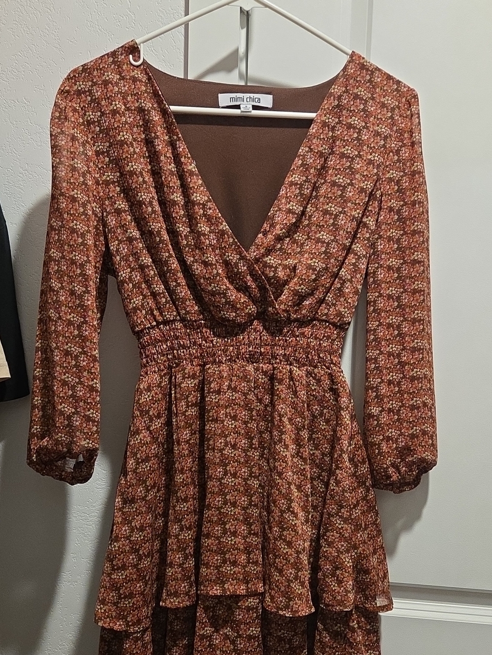 Mimi Chica Rust Floral Tiered Long-Sleeve Dress